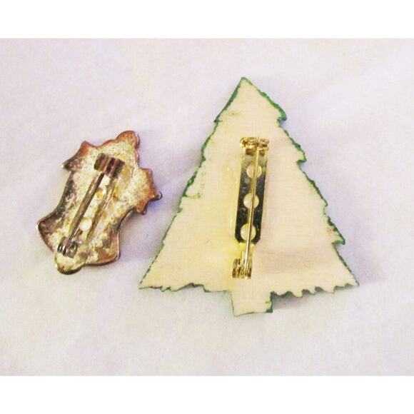 Christmas Tree Pin and a Gold Miniature Enamel Glitter Bell and Green Holly - Picture 3 of 4